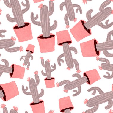 Kaktüslere el çizimi kaktüsler çizilmiş yaratıcı, pürüzsüz desen. Parlak botanik parmak izi. Kaktüslü kusursuz dekoratif arka plan. Her türlü dekorasyon için kullanılabilir..
