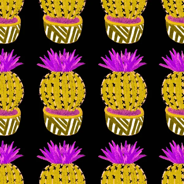 Patrón Creativo Sin Costuras Con Cactus Dibujados Mano Macetas Huella — Foto de Stock