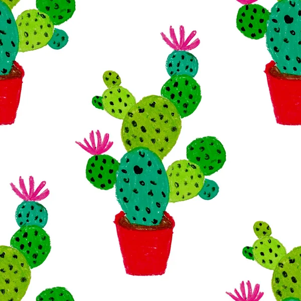 Creatief Naadloos Patroon Met Handgetekende Cactussen Potten Heldere Botanische Afdruk — Stockfoto