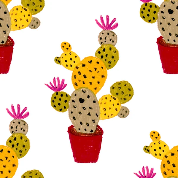 Creatief Naadloos Patroon Met Handgetekende Cactussen Potten Heldere Botanische Afdruk — Stockfoto