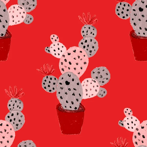 Creatief Naadloos Patroon Met Handgetekende Cactussen Potten Heldere Botanische Afdruk — Stockfoto