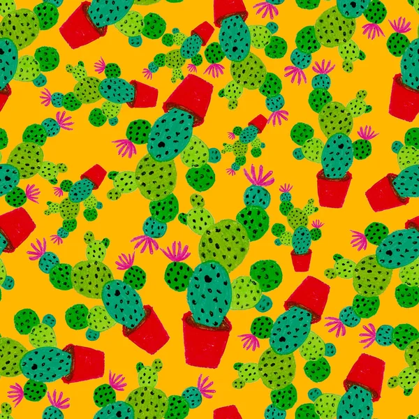 Kaktüslere el çizimi kaktüsler çizilmiş yaratıcı, pürüzsüz desen. Parlak botanik parmak izi. Kaktüslü kusursuz dekoratif arka plan. Her türlü dekorasyon için kullanılabilir..
