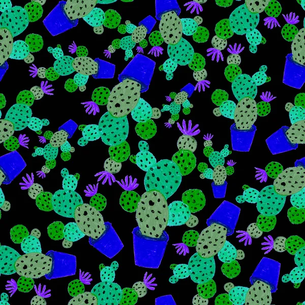 创造性地无缝图案与手绘Cactuses在罐中 明亮的植物学指纹 无缝隙装饰背景与仙人掌 可用于任何一种装饰设计 — 图库照片