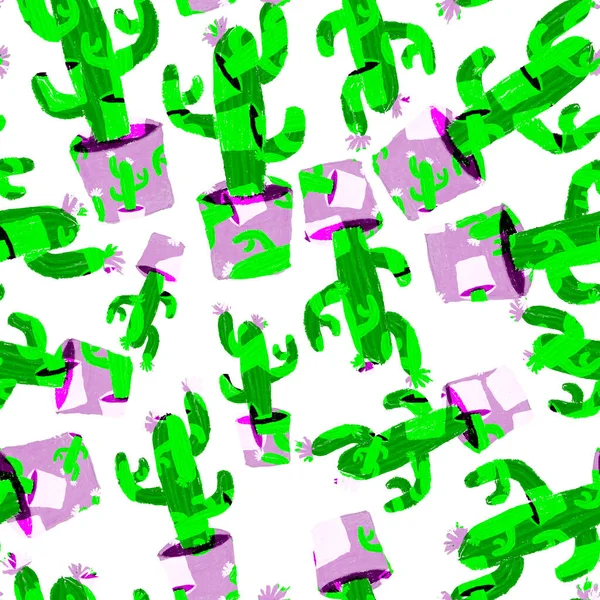 Modello Creativo Senza Cuciture Con Cactus Disegnati Mano Pentole Stampa — Foto Stock