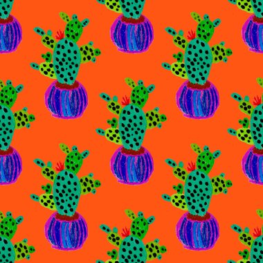 Kaktüslere el çizimi kaktüsler çizilmiş yaratıcı, pürüzsüz desen. Parlak botanik parmak izi. Kaktüslü kusursuz dekoratif arka plan. Her türlü dekorasyon için kullanılabilir..