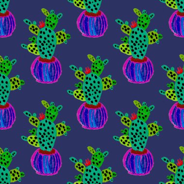 Kaktüslere el çizimi kaktüsler çizilmiş yaratıcı, pürüzsüz desen. Parlak botanik parmak izi. Kaktüslü kusursuz dekoratif arka plan. Her türlü dekorasyon için kullanılabilir..