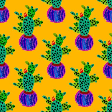Kaktüslere el çizimi kaktüsler çizilmiş yaratıcı, pürüzsüz desen. Parlak botanik parmak izi. Kaktüslü kusursuz dekoratif arka plan. Her türlü dekorasyon için kullanılabilir..