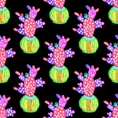 Kaktüslere el çizimi kaktüsler çizilmiş yaratıcı, pürüzsüz desen. Parlak botanik parmak izi. Kaktüslü kusursuz dekoratif arka plan. Her türlü dekorasyon için kullanılabilir..