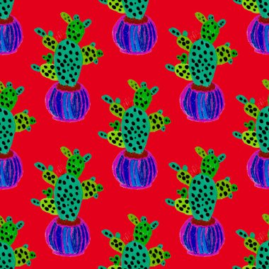 Kaktüslere el çizimi kaktüsler çizilmiş yaratıcı, pürüzsüz desen. Parlak botanik parmak izi. Kaktüslü kusursuz dekoratif arka plan. Her türlü dekorasyon için kullanılabilir..