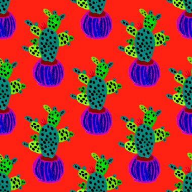 Kaktüslere el çizimi kaktüsler çizilmiş yaratıcı, pürüzsüz desen. Parlak botanik parmak izi. Kaktüslü kusursuz dekoratif arka plan. Her türlü dekorasyon için kullanılabilir..