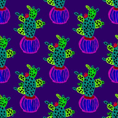 Kaktüslere el çizimi kaktüsler çizilmiş yaratıcı, pürüzsüz desen. Parlak botanik parmak izi. Kaktüslü kusursuz dekoratif arka plan. Her türlü dekorasyon için kullanılabilir..