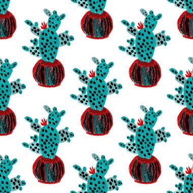 Kaktüslere el çizimi kaktüsler çizilmiş yaratıcı, pürüzsüz desen. Parlak botanik parmak izi. Kaktüslü kusursuz dekoratif arka plan. Her türlü dekorasyon için kullanılabilir..