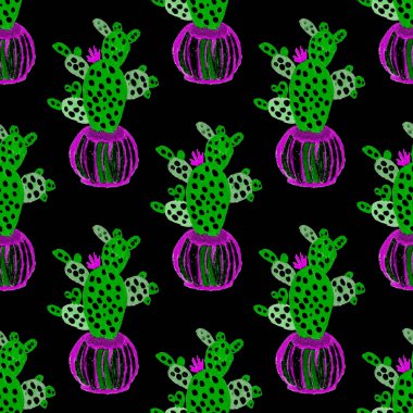 Kaktüslere el çizimi kaktüsler çizilmiş yaratıcı, pürüzsüz desen. Parlak botanik parmak izi. Kaktüslü kusursuz dekoratif arka plan. Her türlü dekorasyon için kullanılabilir..