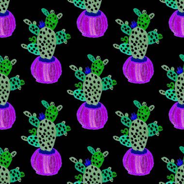 Kaktüslere el çizimi kaktüsler çizilmiş yaratıcı, pürüzsüz desen. Parlak botanik parmak izi. Kaktüslü kusursuz dekoratif arka plan. Her türlü dekorasyon için kullanılabilir..