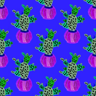 Kaktüslere el çizimi kaktüsler çizilmiş yaratıcı, pürüzsüz desen. Parlak botanik parmak izi. Kaktüslü kusursuz dekoratif arka plan. Her türlü dekorasyon için kullanılabilir..