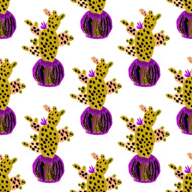 Kaktüslere el çizimi kaktüsler çizilmiş yaratıcı, pürüzsüz desen. Parlak botanik parmak izi. Kaktüslü kusursuz dekoratif arka plan. Her türlü dekorasyon için kullanılabilir..