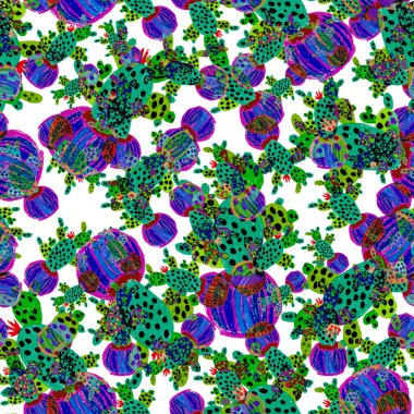 Kaktüslere el çizimi kaktüsler çizilmiş yaratıcı, pürüzsüz desen. Parlak botanik parmak izi. Kaktüslü kusursuz dekoratif arka plan. Her türlü dekorasyon için kullanılabilir..