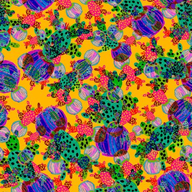 Kaktüslere el çizimi kaktüsler çizilmiş yaratıcı, pürüzsüz desen. Parlak botanik parmak izi. Kaktüslü kusursuz dekoratif arka plan. Her türlü dekorasyon için kullanılabilir..