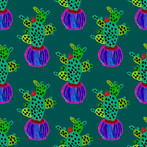 Kreativní Bezešvé Vzory Ručně Kreslenými Kaktusy Květináčích Jasná Botanická Stopa — Stock fotografie