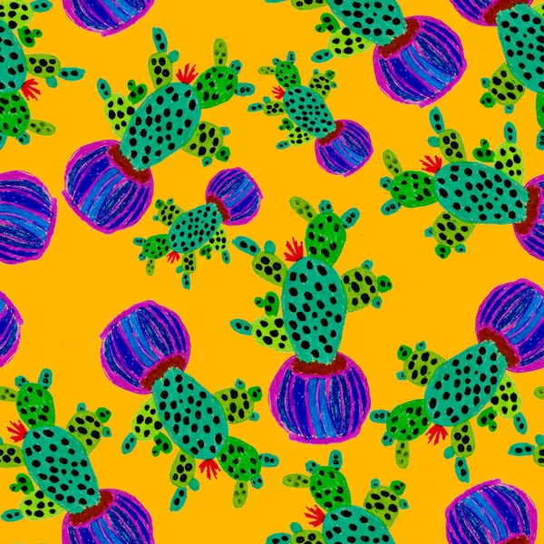 Patrón Creativo Sin Costuras Con Cactus Dibujados Mano Macetas Huella — Foto de Stock