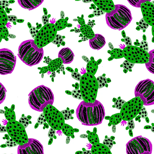 创造性地无缝图案与手绘Cactuses在罐中 明亮的植物学指纹 无缝隙装饰背景与仙人掌 可用于任何一种装饰设计 — 图库照片