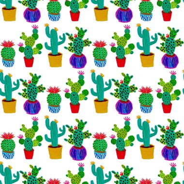 Kaktüslere el çizimi kaktüsler çizilmiş yaratıcı, pürüzsüz desen. Parlak botanik parmak izi. Kaktüslü kusursuz dekoratif arka plan. Her türlü dekorasyon için kullanılabilir..