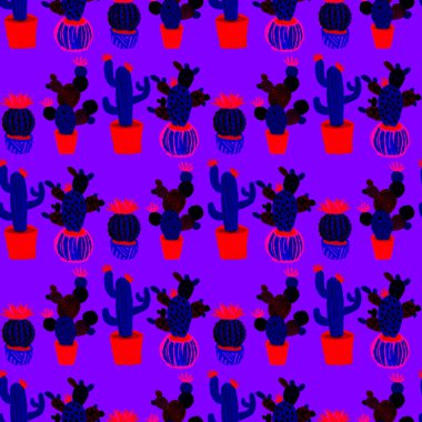 Kaktüslere el çizimi kaktüsler çizilmiş yaratıcı, pürüzsüz desen. Parlak botanik parmak izi. Kaktüslü kusursuz dekoratif arka plan. Her türlü dekorasyon için kullanılabilir..