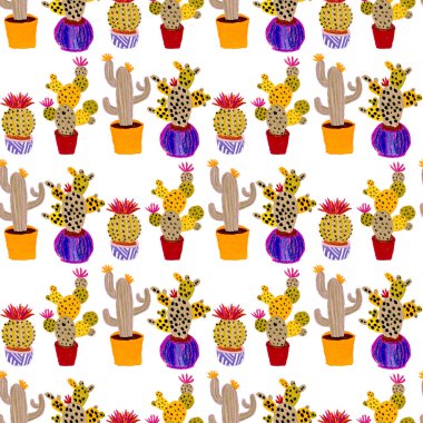 Kaktüslere el çizimi kaktüsler çizilmiş yaratıcı, pürüzsüz desen. Parlak botanik parmak izi. Kaktüslü kusursuz dekoratif arka plan. Her türlü dekorasyon için kullanılabilir..