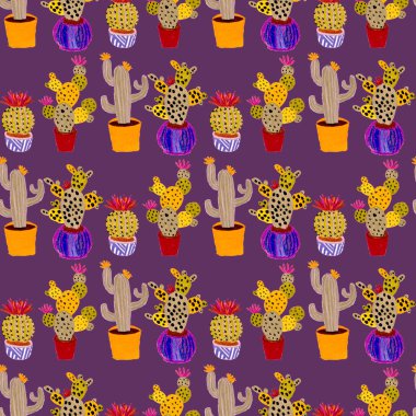 Kaktüslere el çizimi kaktüsler çizilmiş yaratıcı, pürüzsüz desen. Parlak botanik parmak izi. Kaktüslü kusursuz dekoratif arka plan. Her türlü dekorasyon için kullanılabilir..