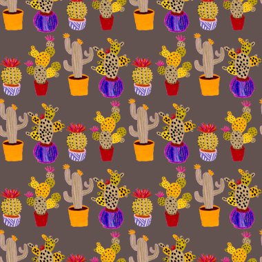 Kaktüslere el çizimi kaktüsler çizilmiş yaratıcı, pürüzsüz desen. Parlak botanik parmak izi. Kaktüslü kusursuz dekoratif arka plan. Her türlü dekorasyon için kullanılabilir..