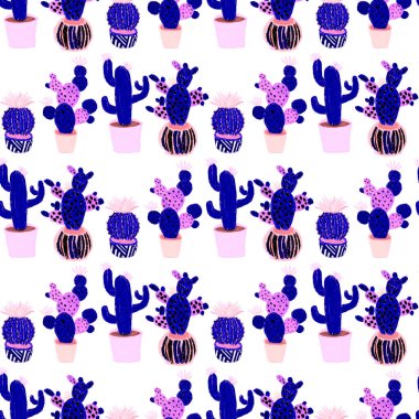 Kaktüslere el çizimi kaktüsler çizilmiş yaratıcı, pürüzsüz desen. Parlak botanik parmak izi. Kaktüslü kusursuz dekoratif arka plan. Her türlü dekorasyon için kullanılabilir..