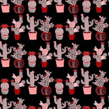 Kaktüslere el çizimi kaktüsler çizilmiş yaratıcı, pürüzsüz desen. Parlak botanik parmak izi. Kaktüslü kusursuz dekoratif arka plan. Her türlü dekorasyon için kullanılabilir..