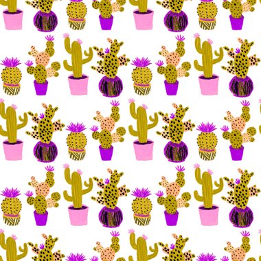 Kaktüslere el çizimi kaktüsler çizilmiş yaratıcı, pürüzsüz desen. Parlak botanik parmak izi. Kaktüslü kusursuz dekoratif arka plan. Her türlü dekorasyon için kullanılabilir..