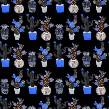 Kaktüslere el çizimi kaktüsler çizilmiş yaratıcı, pürüzsüz desen. Parlak botanik parmak izi. Kaktüslü kusursuz dekoratif arka plan. Her türlü dekorasyon için kullanılabilir..