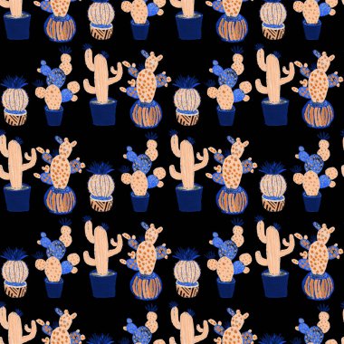 Kaktüslere el çizimi kaktüsler çizilmiş yaratıcı, pürüzsüz desen. Parlak botanik parmak izi. Kaktüslü kusursuz dekoratif arka plan. Her türlü dekorasyon için kullanılabilir..