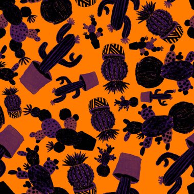 Kaktüslere el çizimi kaktüsler çizilmiş yaratıcı, pürüzsüz desen. Parlak botanik parmak izi. Kaktüslü kusursuz dekoratif arka plan. Her türlü dekorasyon için kullanılabilir..