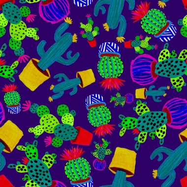 Kaktüslere el çizimi kaktüsler çizilmiş yaratıcı, pürüzsüz desen. Parlak botanik parmak izi. Kaktüslü kusursuz dekoratif arka plan. Her türlü dekorasyon için kullanılabilir..