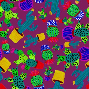 Kaktüslere el çizimi kaktüsler çizilmiş yaratıcı, pürüzsüz desen. Parlak botanik parmak izi. Kaktüslü kusursuz dekoratif arka plan. Her türlü dekorasyon için kullanılabilir..