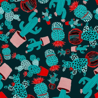 Kaktüslere el çizimi kaktüsler çizilmiş yaratıcı, pürüzsüz desen. Parlak botanik parmak izi. Kaktüslü kusursuz dekoratif arka plan. Her türlü dekorasyon için kullanılabilir..