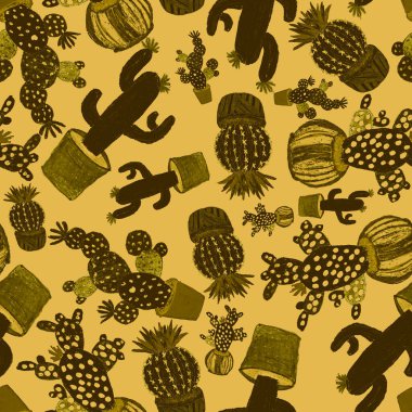 Kaktüslere el çizimi kaktüsler çizilmiş yaratıcı, pürüzsüz desen. Parlak botanik parmak izi. Kaktüslü kusursuz dekoratif arka plan. Her türlü dekorasyon için kullanılabilir..