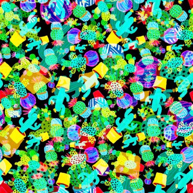 Kaktüslere el çizimi kaktüsler çizilmiş yaratıcı, pürüzsüz desen. Parlak botanik parmak izi. Kaktüslü kusursuz dekoratif arka plan. Her türlü dekorasyon için kullanılabilir..