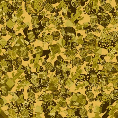 Kaktüslere el çizimi kaktüsler çizilmiş yaratıcı, pürüzsüz desen. Parlak botanik parmak izi. Kaktüslü kusursuz dekoratif arka plan. Her türlü dekorasyon için kullanılabilir..