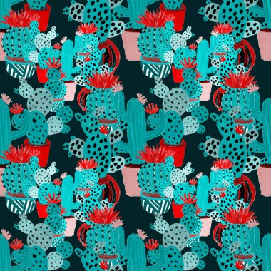 Kaktüslere el çizimi kaktüsler çizilmiş yaratıcı, pürüzsüz desen. Parlak botanik parmak izi. Kaktüslü kusursuz dekoratif arka plan. Her türlü dekorasyon için kullanılabilir..