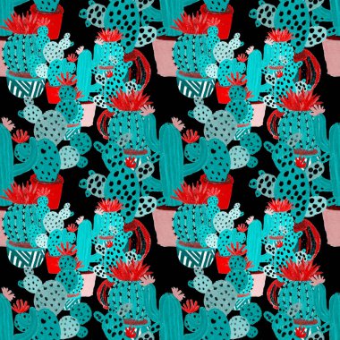 Kaktüslere el çizimi kaktüsler çizilmiş yaratıcı, pürüzsüz desen. Parlak botanik parmak izi. Kaktüslü kusursuz dekoratif arka plan. Her türlü dekorasyon için kullanılabilir..