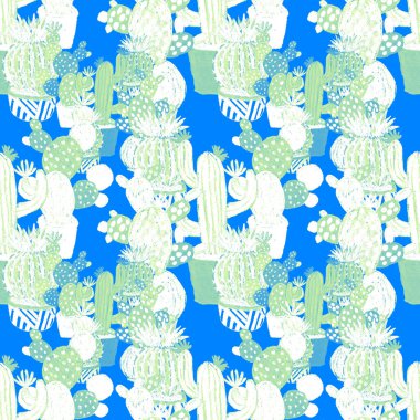 Kaktüslere el çizimi kaktüsler çizilmiş yaratıcı, pürüzsüz desen. Parlak botanik parmak izi. Kaktüslü kusursuz dekoratif arka plan. Her türlü dekorasyon için kullanılabilir..