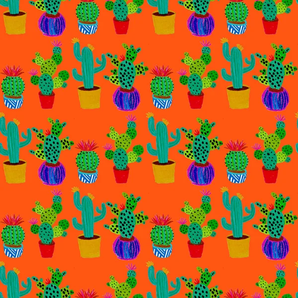 Motif Créatif Sans Couture Avec Des Cactus Dessinés Main Dans — Photo