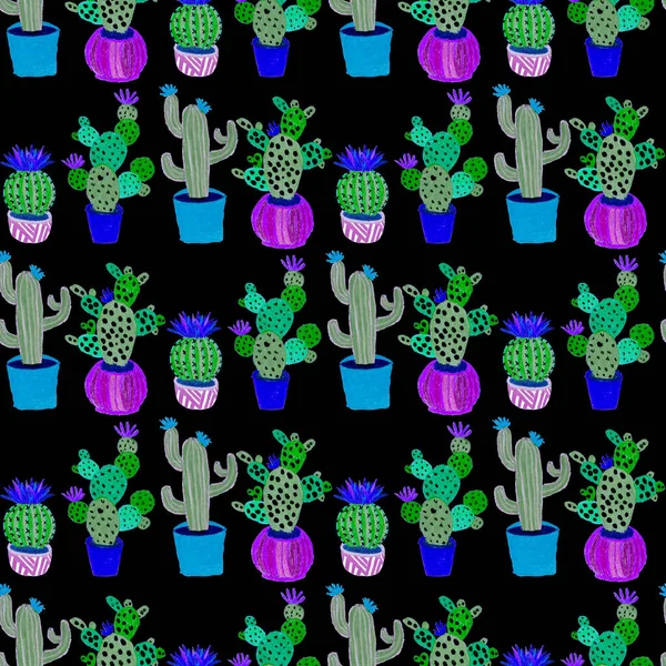 Motif Créatif Sans Couture Avec Des Cactus Dessinés Main Dans — Photo