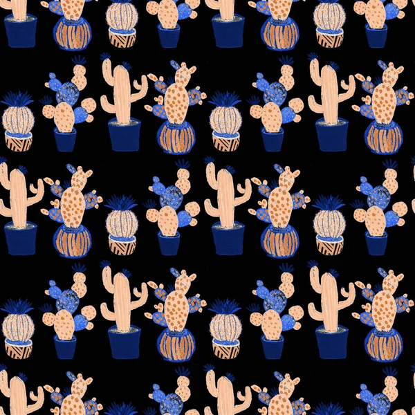 Kaktüslere el çizimi kaktüsler çizilmiş yaratıcı, pürüzsüz desen. Parlak botanik parmak izi. Kaktüslü kusursuz dekoratif arka plan. Her türlü dekorasyon için kullanılabilir..