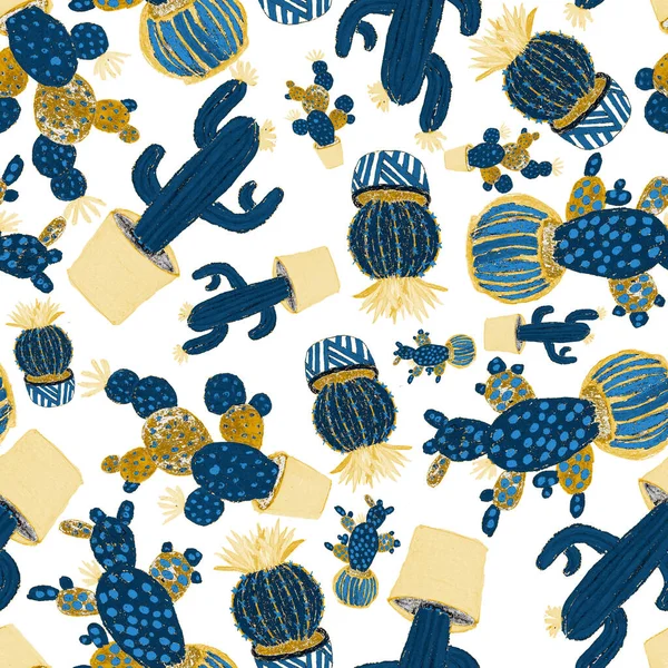 Kreatywny Bezszwowy Wzór Ręcznie Rysowanymi Kaktusami Doniczkach Jasny Odcisk Botaniczny — Zdjęcie stockowe