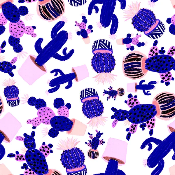 Kreativní Bezešvé Vzory Ručně Kreslenými Kaktusy Květináčích Jasná Botanická Stopa — Stock fotografie